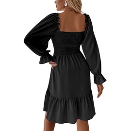 LYANER Women's Square Neck Lantern Long Sleeve Ruffle Shirred Flowy Party Mini Dress Solid Black X-Small