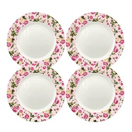 Gracie China Rose Bouquet Rim Dinner Plates, Set of 4 (Pink, 10.5-Inch)