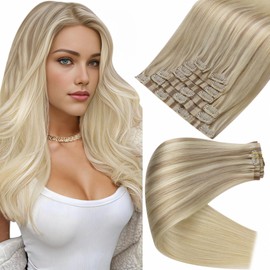 Full Shine Clip in Human Hair Extensions Blonde 22 Inch Clip in Hair Extensions Ash Blonde Balayage Light Blonde Mix Platinum Blonde Real Hair Clip in Extesnions Silky Hair Extensions 8 Pcs 120 G