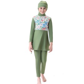 IMEKIS Girls Muslim Swimwear Modest Swimsuits Islamic Burkini Outfit Long Sleeve Swim Top Pants 2pcs Tankinis Swimming Costume Beachwear Bathing Suit Green 11-12 Years