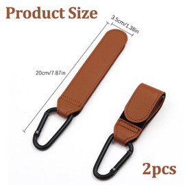 Pram Hook for Bags - Universal Pram Accessories, Pram Bag Holder Made of Leather, 5 kg Load Capacity per Carabiner, Pack of 2 (Brown)
