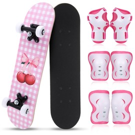 Honoson 7 Pcs Skateboard for Toddlers Beginners Knee Elbow Pads Wrist Guards Gear Set(Black White Plaid,Age 6-10 Kids 24 x 6)