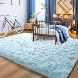 YJ.GWL Area Rugs for Living Room Bedroom, 3x5 Machine Washable Small Light Blue Bedside Rug, Soft Fluffy Shaggy Indoor Floor Carpet for Kids Boy and Girls Room Preppy Dorm Home Decor Aesthetic
