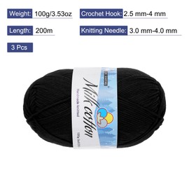 Rebower Cotton Yarn,65% Cotton and 35% Acrylic Fibers Soft Knitting Yarn [for Hand DIY Bag Cushion Crocheting Knitting Projects Home Decor], -3 Skeins/3×218yards/3×3.53oz/Black