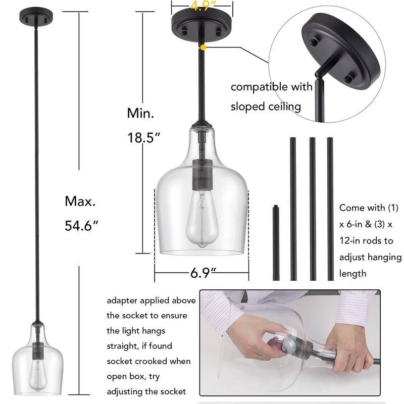 JEENKAE Modern Farmhouse Pendant Lighting for Kitchen Island Glass Black
