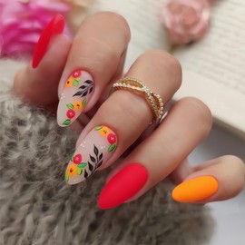 Matte Press on Nails Medium Length Almond Acrylic Fake Nails Red Yellow French False Artificial Nails Reusable Almond Nails Press on Cute Flower Stick on Nails for Women Girls 24Pcs