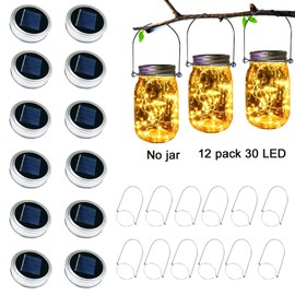 Upgraded Solar Mason Jar Lighs Warm White 12 Pack of 30 LED String Firefly mason Jar lid Lights, Including 12 Hangers (Excluding Jars), Best for, Terrace Garden Decoration