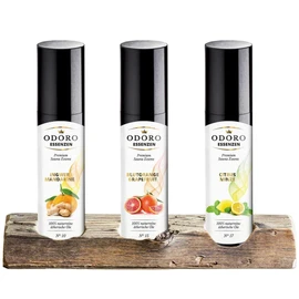 Sauna Gift Set Unique Stand Vintage Wood - 100% Natural Essential Oils by Odoro Essenzen - Premium Sauna Infusion (Fruity) - Blood Orange, Ginger Mandarin, Citrus Mint
