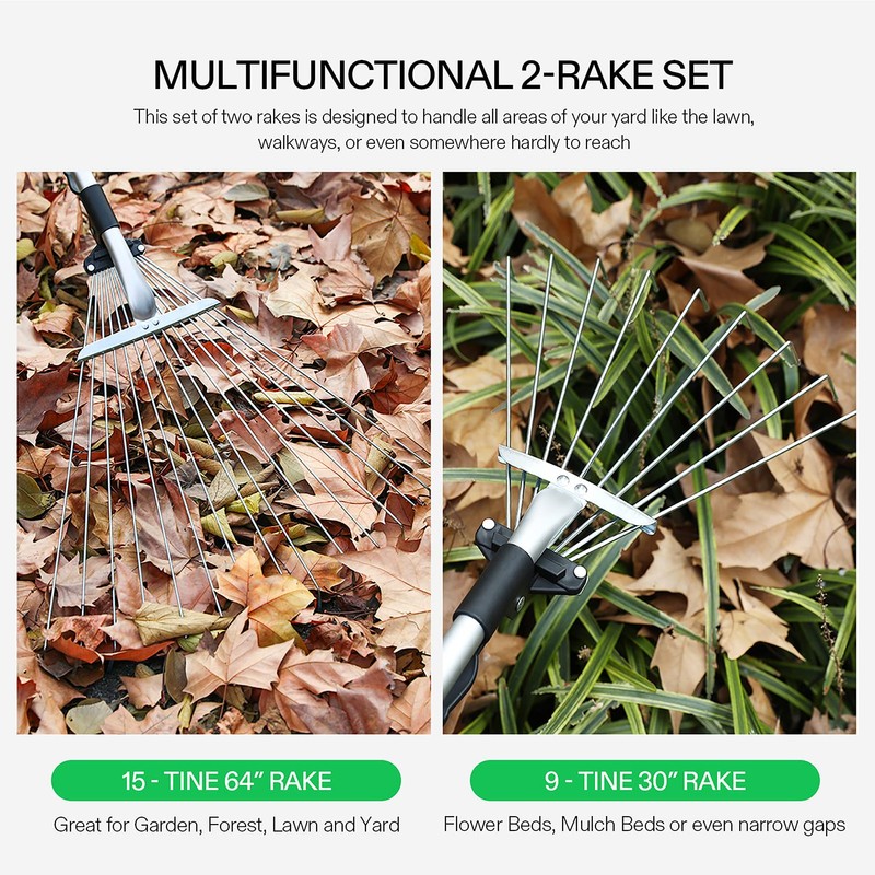 VIVOSUN 2-Piece Leaf Rake Set - Adjustable Garden/Camping Rake with