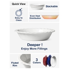 LE TAUCI Ceramic Pie Pans Plate for Baking, 9 inch Deep Dish Baking Dish, 52 ounce Bakeware for Apple Pecan Pie, Set of 2, White