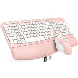 SABLUTE Wireless Keyboard and Mouse Combo, Ergonomic Wave Keys, Cushioned Plam Rest, Comfortable Silent Natural Typing, 2.4G Lag-Free, Full Size Keyboards Cordless Set for Multi-OS, Windows/Mac, Pink