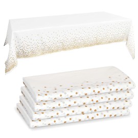 Songaa [4 Pack] Rectangle Tablecloths, Disposable Plastic Tablecloths for Indoor or Outdoor Tables Parties Christmas Picnic Birthdays and Weddings (White-Gold)