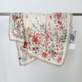 Rcrawica Large Silk Feeling Hair Scarf Bandanas for Women Elegant Silky Satin Neck Scarves 35inches Square Hair Sleeping Wrap (14 S14 White flower)