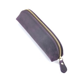 Genuine Leather Pencil Case Unique Design Zipper Pouch for School Work Office (Purple), Purple