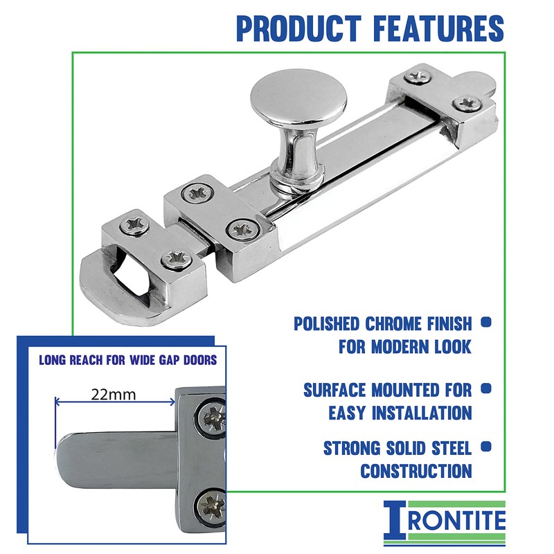 IRONTITE® 2 Pack Polished Chrome Sliding Door Lock Internal, Surface