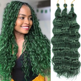 24 Inch Ocean Wave Crochet Hair, 3 Packs, Deep Wave Braiding Hair Curl, Crochet Synthetic Braids, Hair Extension for Women (Green #, 24 Inches, 3 Packs)