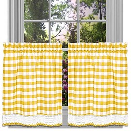 GoodGram Buffalo Check Plaid Gingham Custom Fit Farmhouse Café Styled Window Tier Curtain Treatments - Assorted Colors & Sizes (Yellow, 36 in. Length)
