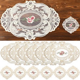 Mindsoft 12 Pcs Lace Placemats and Lace Coasters Vintage French Style Cloth Doilies Crochet Coasters Embroidered Doilies Cup Mat for Glass Table Dressers Wedding Party Decoration (Beige)