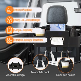 Vehicle Seat Back Hanging Storage Box with Tissue Holder and Hooks-Durable, Odorless, and Multifunctional Car Seat Organizer,Car Storage Organizer with Cup Holder, Hook, and Tissue Holder