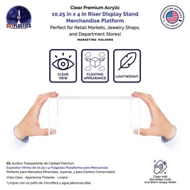 Marketing Holders 4 Pack Clear Acrylic Riser Display Stand 10 Inch Wide by 4 Inch Deep Retail Merchandise Showcase Elongated Bench Clear Plexiglass Counter or Tabletop Products Platform