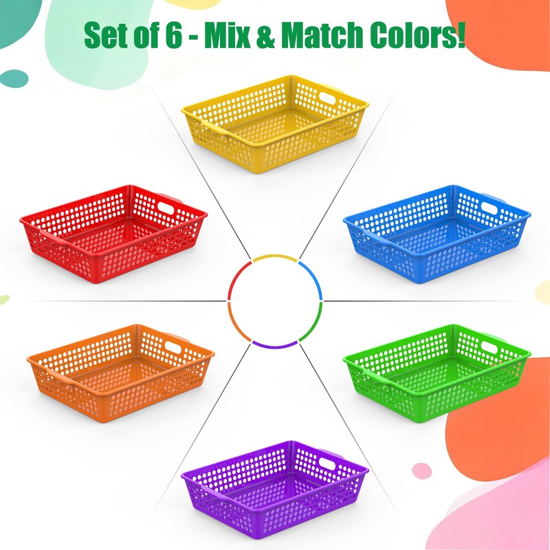 QRRICA 6 Pack Plastic Classroom Storage Baskets, Paper Trays for