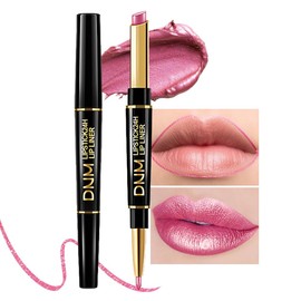 evpct 1Pcs Rose Pink Metallic Shine Shimmer Lip Liner and Lipstick Combo Set Kit for Women, DNM Lightweight Hydrating Formula High Impact Full Coverage Lipstick and Lip Liner Makeup Stains Gloss, 21#