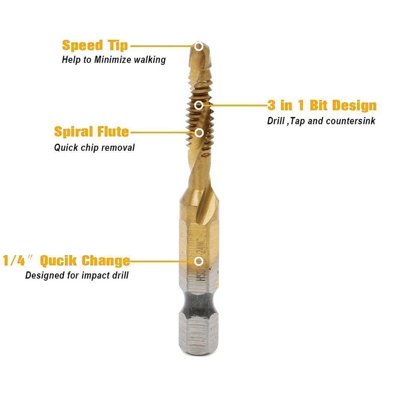 AUTOTOOLHOME 6 Pack Titanium Combination Drill Tap Bit Set Screw