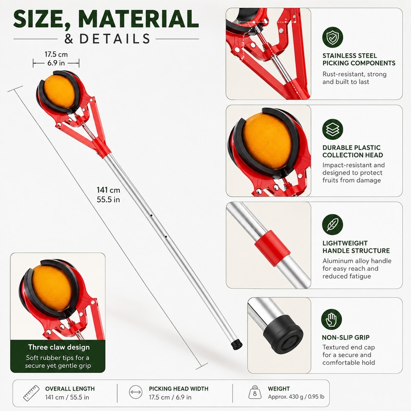 Fruit Picker Tool for Tree Harvesting – 3-Claw Handheld Collector
