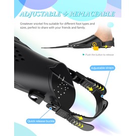 Greatever Snorkel Fins Adjustable Buckles Open Heel Swim Flippers Travel Size Short Swim Fins for Snorkeling Diving Swimming Adult Men Womens