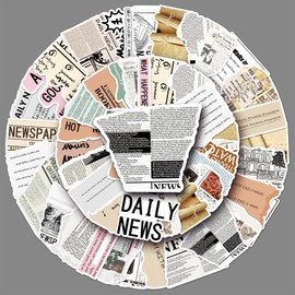 Pack of 50 Sheets of Newspaper Stickers for Children, Teenagers, Adults, Vintage Waterproof Stickers, Decoration Diary, DIY Luggage, Water Bottle, Skateboard, Helmet, Laptop, Fridge,