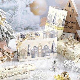 RUSPEPA Elegant Christmas Wrapping Paper Set, Jumbo Roll, Gold Silver Foil Snowflake, Wreath, Winter Village, Bow Design Gift Wrap for Winter Wedding, Holiday, 4 Rolls, 30 inches x 10 feet per Roll