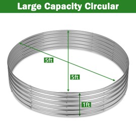 OUSHENG 5x5x1ft Round Galvanized Raised Garden Beds Outdoor, Steel Fire Pit Ring Flower Planter Large Metal Above Ground Boxes Kit for Gardening Vegetables Outside
