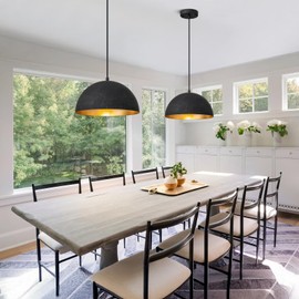 Yezgge 11.8" Farmhouse Pendant Light,Black with Gold Grain Industrial Dome Chandelier 2 Pack,Adjustable Vintage Pendant Lights Kitchen Island for Dining Room,Bedroom,Hallway