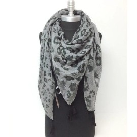 D&Y Women's Square Soft Wrap Multi Scale Leopard Print Scarf w/ Tassels Black / Gray