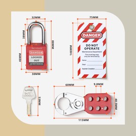 Bwintech 2 Piece 38mm Safety Padlock Set with Key Red Steel Carabiner Hook and Loto Tag Safety Plate