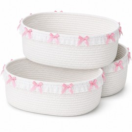 SiliFine 3 Pcs Pink Bow Gift Baskets 12 x 8 x 5 Inches Coquette Woven Rope Storage Baskets White Lace Rectangle Shelf Organizer Laundry Hamper Bin for Nursery Toy Organizing Baby Shower Wedding Decor