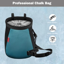 MoKo Climbing Chalk Bag, Bouldering Magnesia Bag with Adjustable Belt & Carabiner Clip, Drawstring, Chalk Bag, Boulder Bag for Climbing, Weightlifting, Gymnastics, Crossfit, Black + Light Blue