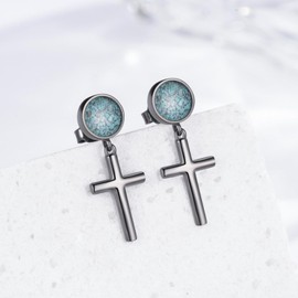 QHQPQ Black Cross Stud Earrings 925 Sterling Silver Turquoise Religious Cross Dangle Drop Earrings Christian Jewellery Faith Easter Gifts for Women Men