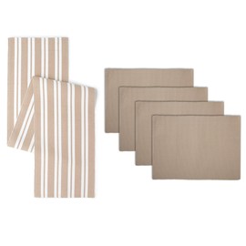 Encasa Dining Set (4 Placemats in + 1 Table Runner), Franca Beige, Ribbed Cotton, Over 20 Modern Colours & Woven Designs, Machine Washable
