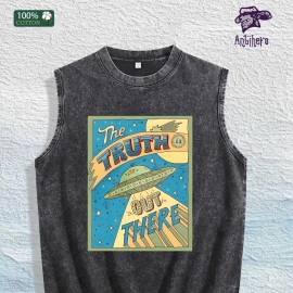 The Truth Is Out There Graphic Washed Vest US Warehouse 3 Colors Cotton TankSize: 3 XL, Color: Apricot color