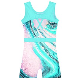TFJH E One Piece Girls Gymnastic Leotards Ballet Dance Unitard Practice Outfits Shorts Biketard Cyan Pink 120