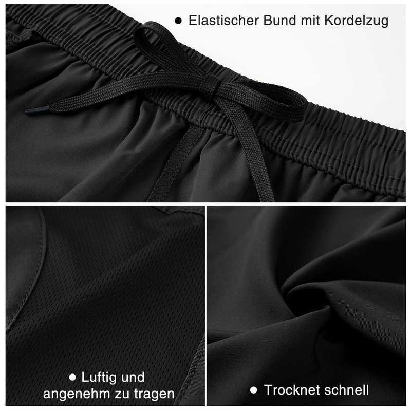 HMIYA Men's Sports Shorts, Quick-Drying Shorts with Zip Pocket, black/grey