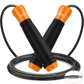 Gritin Skipping Rope, Speed Rope Adjustable with Non-Slip & Ergonomic Handles, 3 m Length Adjustable Rope with Scale Marking, for Fitness, Endurance and Skipping Rope, Includes Length Adjuster, Orange