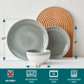 Pokini Gradient Green Stoneware Dinnerware Sets, 12 pcs Reactive Glaze Plates and Bowls Sets, Handmade Ceramic Round Dishes Set for 4, Highly Chip and Crack Resistant Modern Plate Set