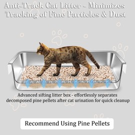 Tehoao Stainless Steel Sifting Cat Litter Box for Pine Pellets, XL Extra Large Metal Cat Litter Box Sifter Pan with Litter Scoop, Low Dust, Odor Control, Easy Cleaning