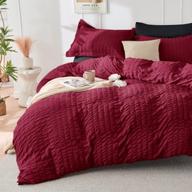 HYMOKEGE Red & Black Queen Comforter Set Seersucker 7 Pieces, All Season Luxury Bed in a Bag for Bedroom, Bedding Set with Comforters, Sheets, Pillowcases & Shams