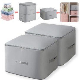 2Pcs Ultra Space Saving Self Compression Storage Bag, Duvet Storage Bag, Premium Satin Compression Storage Bags with Zipper, Packaging Bags for Comforters Clothes (Grey, XL+XL)