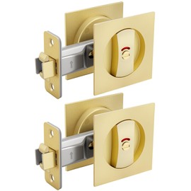 goldenwarm Brushed Gold Square Pocket Door Lock with Indicator, Pocket Door Hardware for 2-1/8'' Round Bore Hole, Pocket Door Handles Fit 1-1/4'' to 2'' Thickness Sliding Door 2-3/8'' Latch 2 Pack