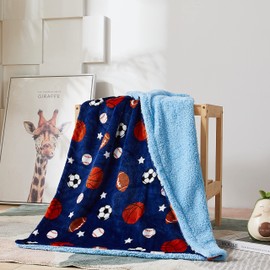 Marina Decoration Reversible Rich Printed Woven Fluffy Plush Soft Warm Flannel Fleece Sherpa Kids Children Blanket, 30 x 40 Inch Brown Blue White Color Balls and Stars with Navy Blue Base Pattern