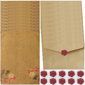 Vintage Letter Paper with Envelope Set, Writing Paper Set with 10 Vintage Paper Envelopes, 16 Vintage A5 Writing Paper and 10 Wax Seal Stickers, Writing Paper Elegant for Wedding Invitation Cards